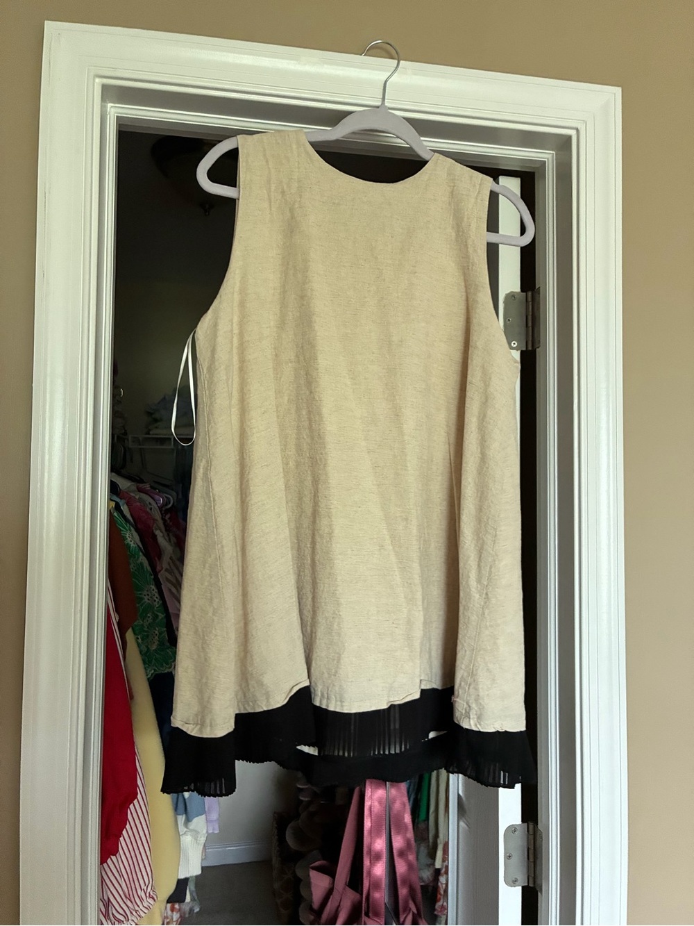 Sleeveless Cream Tank Dress with Black Pleated Trim